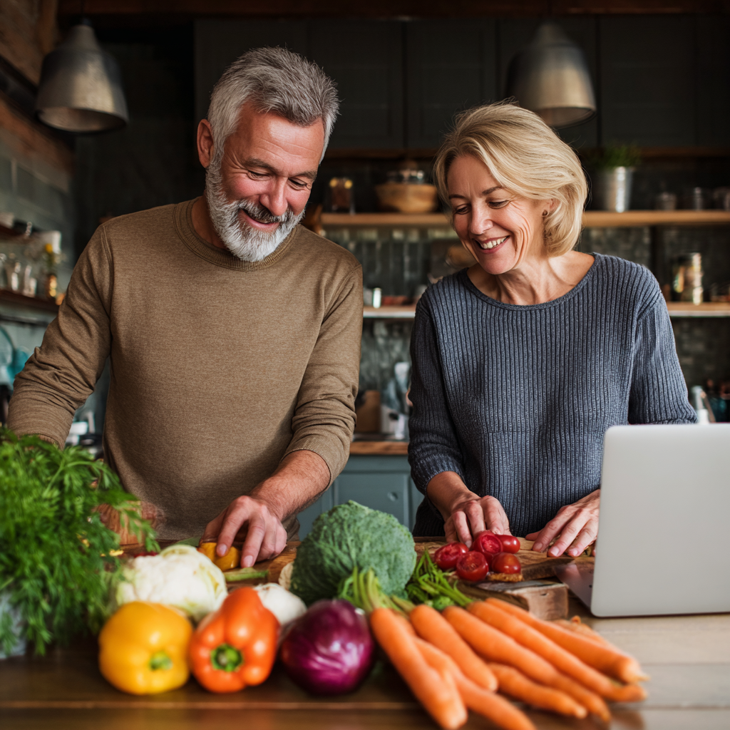 Middle-aged adults planning healthy meals together